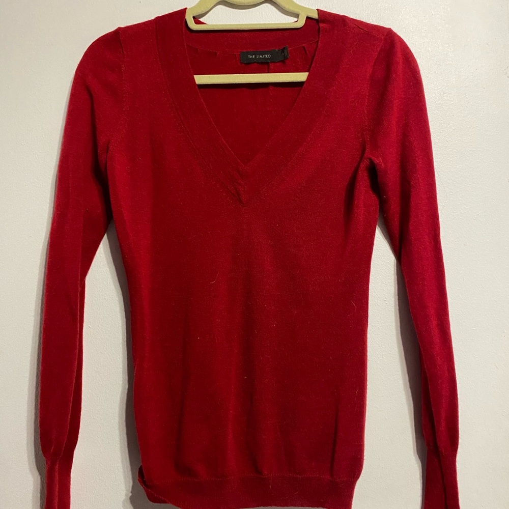 The Limited Red V-Neck Sweater with Ribbed Cuffs
